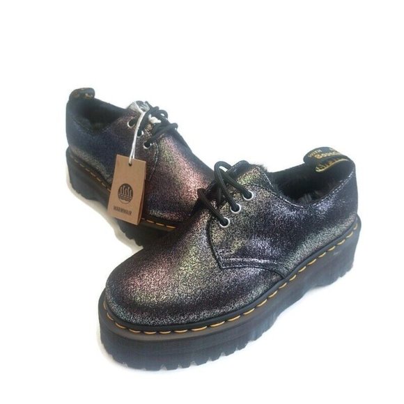 Dr Martens 1461 Quad Fur Lined Platform Shoes Womens Sz 7 Black Silver Metallic - Picture 5 of 9